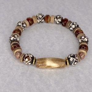 tigers eye bone copper wood beaded bracelet Unisex